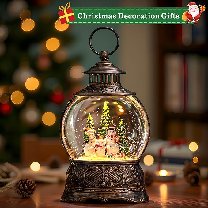 Christmas Snow Globes Christmas Water Lantern with Snowman Family with sled Christmas Tree Music & 6H Timer, USB Lined/Battery Operated Lighted Lanterns for Xmas Festival Decoration Gifts
