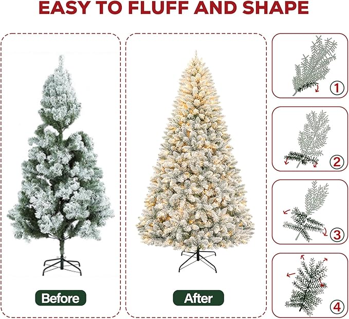 Hykolity 6ft Pre-lit Snow-Flocked Christmas Tree, Artificial Holiday Christmas Tree with 250 Warm White Lights, 1032 Branch Tips, Hinged Design & Metal Base
