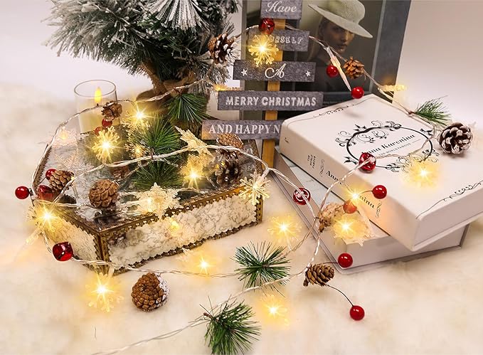 Christmas Garland with 20 Snowflake Light 6.8FT Christmas Lights 1pcs Battery Operated Snowflake Light with Bells for Fireplace Bedroom Garden Party Home Indoor Outdoor Xmas Tree Decorations