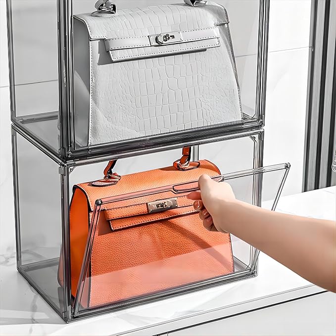 Clear Stackable Plastic Storage Bins with Magnetic Lid, Dustproof Book & Cosmetic Display Cases, Large Figures Collectibles Showcase, Shoe Box, Protection Organizer (Gray, L-1 Pack)