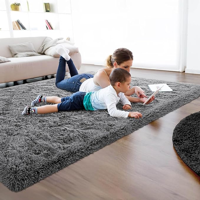 6x9 Grey Fluffy Soft Living Room Bedroom Rug, Large Area Rugs Shaggy Carpet for Living Room Classroom Kids Babys Playroom Toddler Nursery Dorm Home Decor, Modern Indoor Non Slip Rug