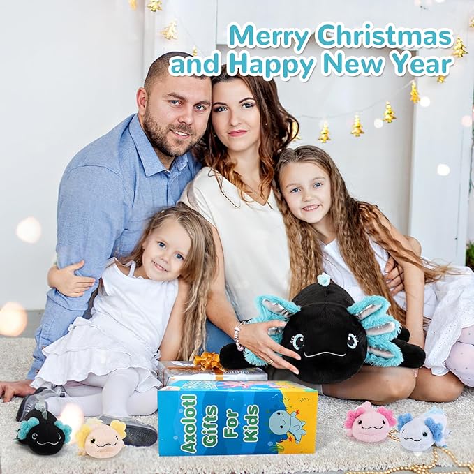 5 Pieces Axolotl Stuffed Animals with Babies Inside Belly - 1 Mommy Stuffed Axolotl with 4 Babies - Black Axolotls Plush Toy for Kid Age 3-8, Gift Ideal for Christmas, Valentine's, Birthday