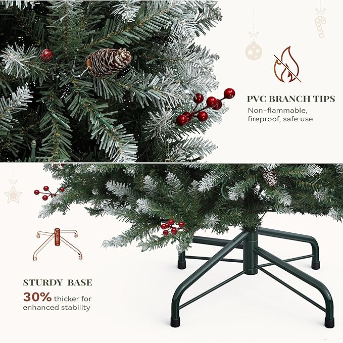 YITAHOME 6FT Prelit Frosted Green Artificial Christmas Tree with Remote, Pre-Decorated Christmas Tree w/ 1838 Tips, 80 Pine Cones & 80 Berries, 450 Warmwhite & Multi-Color Lights, 11 Modes, Green Bell