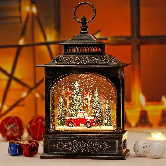 Musical Christmas Snow Globe Lantern with 6H Timer, Lighted Christmas Decorations Battery Operated Snow Globe for Home Tabletop, Red Truck & Cardinals