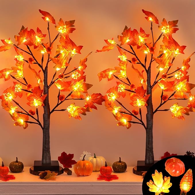 2Pack 24 Inch Prelit Maple Tree Fall Thanksgiving Decor with 48 LED Timer Battery Operated, Lighted 3D Acorn Maple Lampshade Pumpkin Artificial Tabletop Tree Thanksgiving Table Decorations Home Indoor
