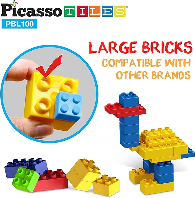 PicassoTiles 100 Piece Large Construction Brick Building Blocks STEM Bricks Toy Set Creative Learning Early Education Playset 5 Colors 4 Unique Shapes Mix & Match Toys for Kids Boys Girls Child Age 3+