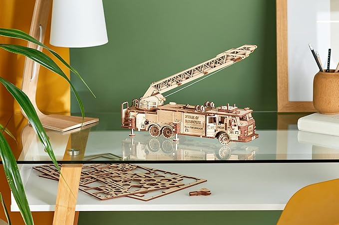 3D Wooden Puzzle - DIY 3D Puzzle Wooden Fire Truck Mechanical Model Kit with Wind Up Mechanism, Adjustable Ladder & More - 3D Puzzles for 15 yrs Above & Adults - Eco Wood Art, 439 Pieces
