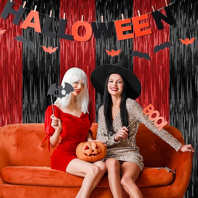 2 Pack Backdrop Curtains, 3.28 FT x 7.05 FT Black and Red Party Decor, Metallic Party Streamer Tinsel Foil Fringe Curtains, Foil Curtains Backdrop Halloween Decorations Party Supplies