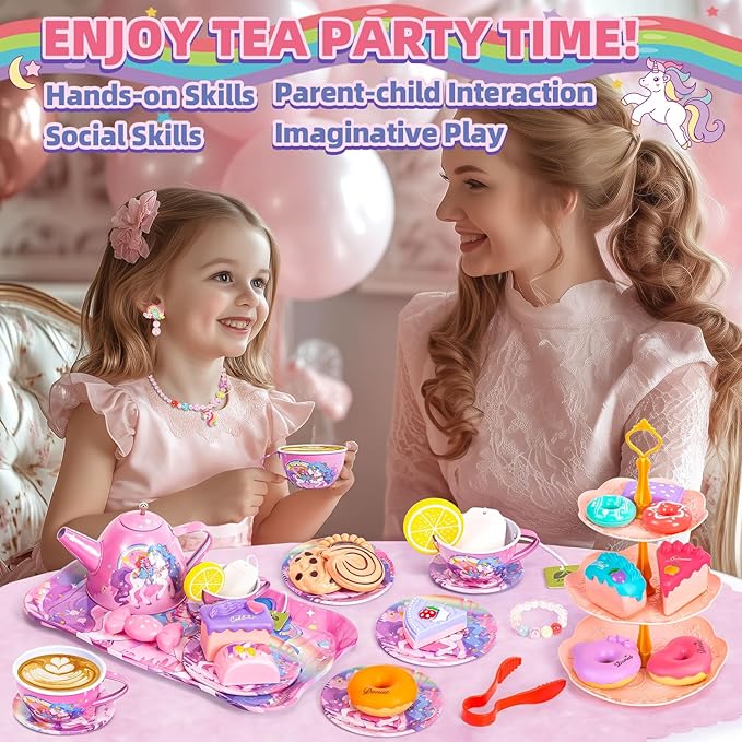 Unicorn Tea Party Set for Little Girls, Toddler Princess Toy Tea Set, Pretend Play Teapot Dessert Tea Cup Set Food Kitchen Playset, Birthday Unicorn Gift for 3 4 5 6 7 8 Year Old Girl