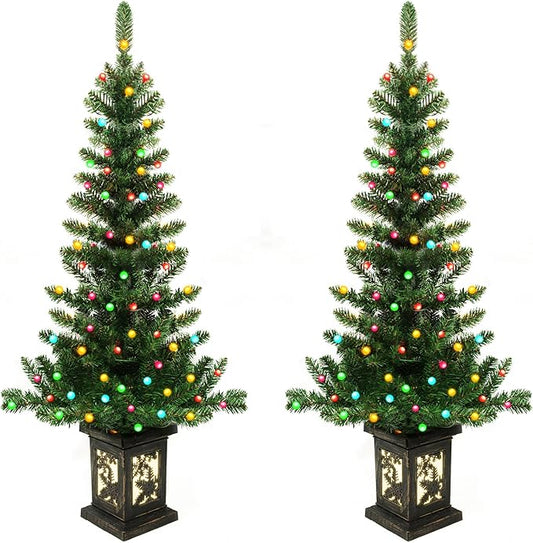 2Pcs 4FT Pre-lit Artificial Potted Christmas Tree with 100 LED Colorful Lights，Artificial Xmas Trees with Retro Snowflack Light Box Base, 190 Branch Tips, Small Xma Tree Decora for Porch,Table, Home