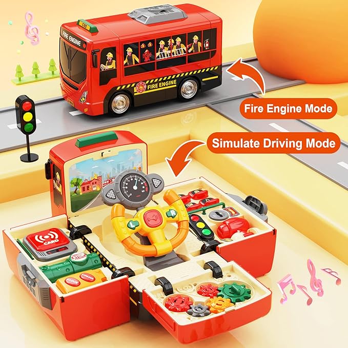 HONGTUO Fire Truck Toys with Teaching Meaning, Simulation Steering Wheel Driving Toy, Toddlers Fire Truck Toy with Sound and Light, Simulate a Rescue fire Scene，Gift for 3-5 Boys & Girls