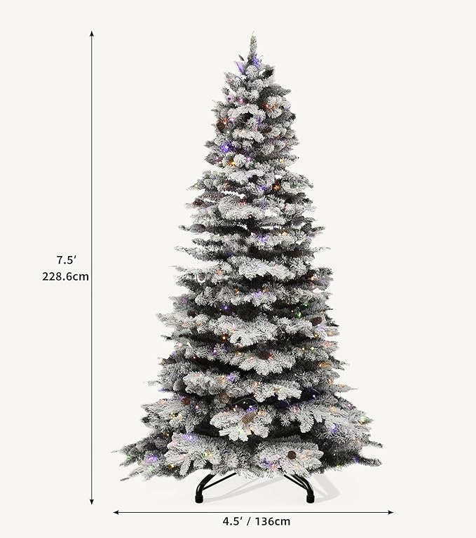 DWVO Flocked Christmas Tree Prelit 9ft, Atificial Christmas Tree with 820 LED Lights & 80 Pine Cones, Full Flocked Xmaxs Trees with 1818 Branch Tips, Metal Hinged & Stand Home Party Decoration