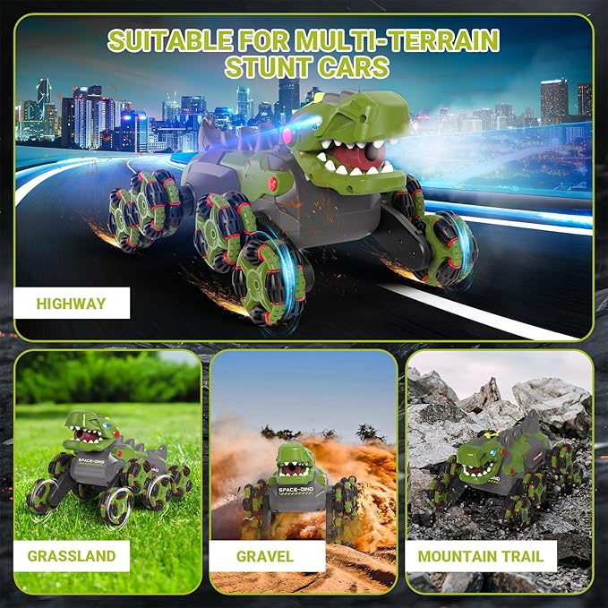 8WD RC Stunt Car Toys for Kids,2.4Ghz Remote Control Dinosaur toys 360° Rotating Changeable RC Stunt Dinosaur Remote Control Dinosaur Car Toys with Spray Lights, Birthday Gifts for Boys Girls Kids