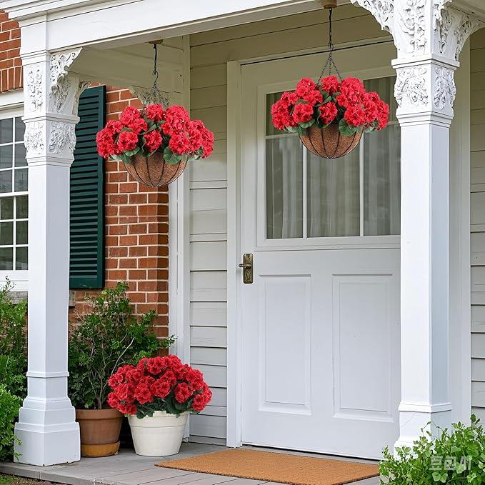 Hananona 2 Set Artificial Outdoor Geraniums Flowers with Hanging Basket, 2 Hanging Planters with 12 Pcs Red Geranium Flowers for Christmas Front Porch Garden Patio Home Decor (2, Red)
