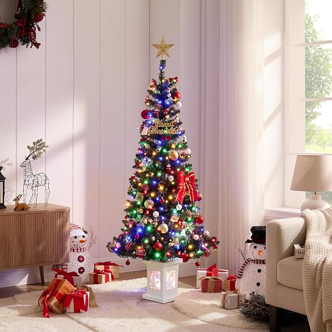 5FT Small Christmas Tree, Artificial Christmas Tree with 130 Colorful Lights & Lighting Base, Prelit Christmas Tree for Home & Office Xmas Decor with 10 Modes Lighting, Timer Operated Operated