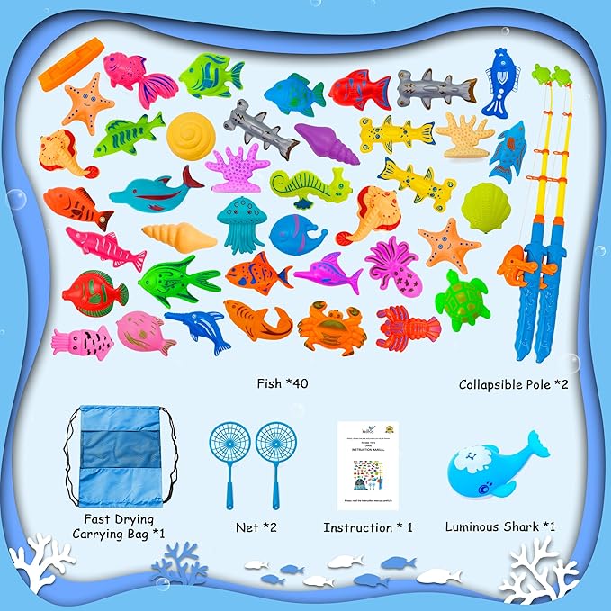 Kiditos 46PCS Magnetic Fishing Bath Toys Game Set,Swimming Fish Toys for Bathtub,Water Table Bathtub Toys for Toddlers Kids Age 3-6, Pool Toys for Pretend Play&Education Teaching&Learning Colors
