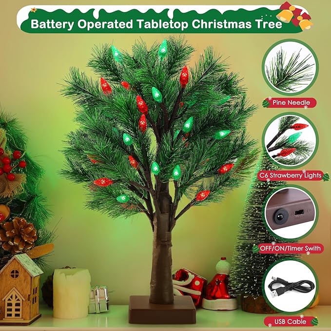 2 Pack Christmas Decorations Indoor Artificial Lighted Christmas Tree with C6 Strawberry,Total 48 LED Battery/USB Operated Pine Tree for Tabletop Fireplace Harvest Home Indoor Xmas Decor