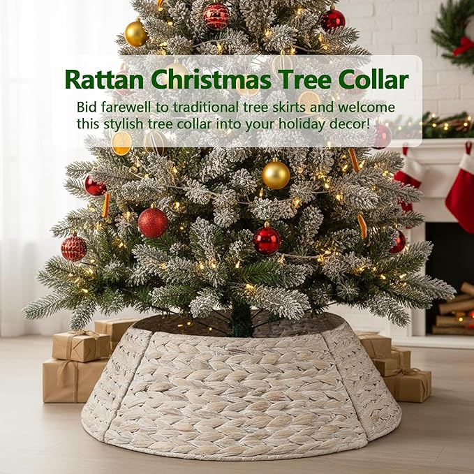 Christmas Tree Collar 24'' D Handmade Hyacinth Tree Collar Basket Rattan Wicker Christmas Woven Tree Ring Stand Base Cover for Christmas Holiday Decoration-White Washed