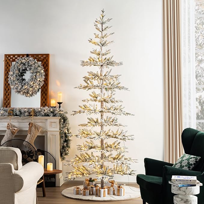 Glitzhome 9ft Deluxe Pre-Lit Flocked Artificial Christmas Tree Serene Snowscape Fir for Home, Office, Party Decoration with 650 Warm White Lights, Metal Hinges & Base, Easy Assembly