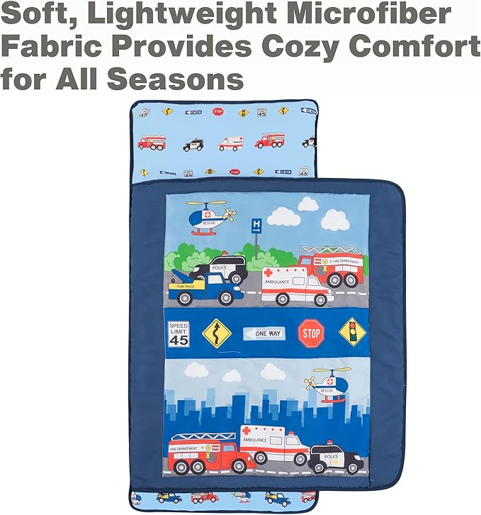 EVERYDAY KIDS Toddler Nap Mat with Removable Pillow -Fire Police Rescue- Carry Handle Fastening Straps Closure, Rollup Design, Soft Microfiber for Preschool, Daycare, Sleeping Bag -Ages 2-6 years