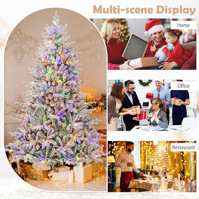 GOFLAME 7ft Pre-Lit Christmas Tree Snow Flocked, Hinged Artificial Xmas Tree with 1164 Branch Tips, 350 Multi-Color LED Lights, 8 Lighting Modes, Holiday Decoration Tree for Home Office Party