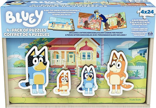 Spin Master Games, Bluey Puzzles 4-Pack, Wooden Jigsaw Puzzles for Preschoolers, 24 Pieces Each, Interchangeable Pieces, Bluey Birthday Gifts, for Kids Ages 3 & Up