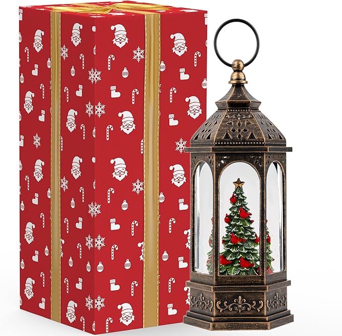Lighted Christmas Tree Cardinal Music Snow Globe Water Lantern with Swirling Glitter Decoration for Christmas Home, Living Room, Battery Operated or USB Powered