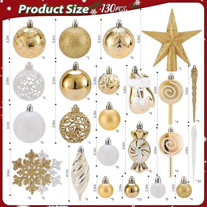 Shatterproof Christmas Ball Ornaments Set, 130 Pack Christmas Tree Decorations, Assorted Hanging Christmas Balls Bulk for Holiday Indoor Outdoor Xmas Party Decor (130 Golden)
