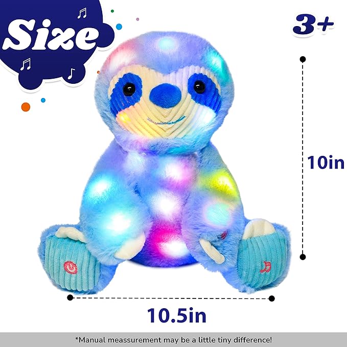 Cuteoy Blue Sloth LED Musical Stuffed Animal Light-up Singing Plush Adjustable Volume Lullaby Plushies Birthday Christmas Toy Gifts for Kids Toddler Girls, 13"