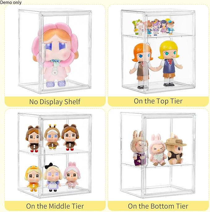 Acrylic Display Case with Removable Shelf, 2 Tier Clear Plastic Stackable Storage Bins with Magnetic Lids, Figure Display Case for Collectibles Cosmetic Acrylic Box, 4 Pack