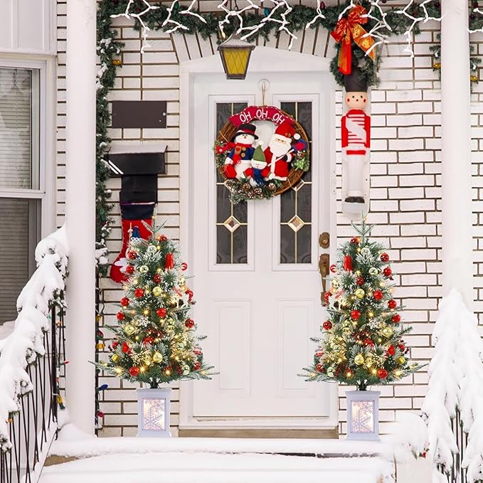 3FT Prelit Artificial Christmas Tree with Lights, 3 Foot Artificial Christmas Tree with Snowflake Base, 78 LED Prelit Christmas Tree, Battery Operated, Timer, Easy Assembly, Winter Holiday Decor