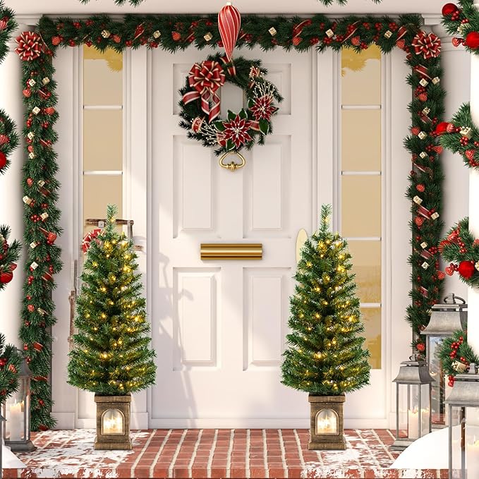 Goplus 4ft Pre-Lit Christmas Tree for Entrances, Set of 2 Artificial Potted Xmas Tree with 100 LED Lights, Timer, 3 Lighting Modes, 160 Branch Tips, Antique Urn Base, Porch Holiday Decor