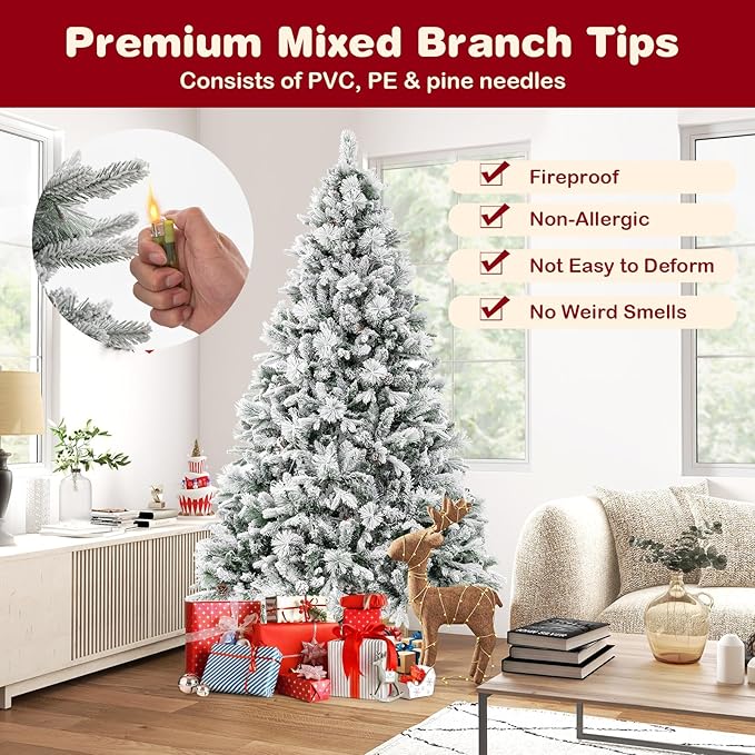 GOFLAME 7 FT Artificial Christmas Tree with Pine Needles, Snow Flocked Xmas Tree with 1270 PE & PVC Branch Tips, 320 LED Lights & 40 Pine Cones, Hinged Decoration Tree with 8 Lighting Modes
