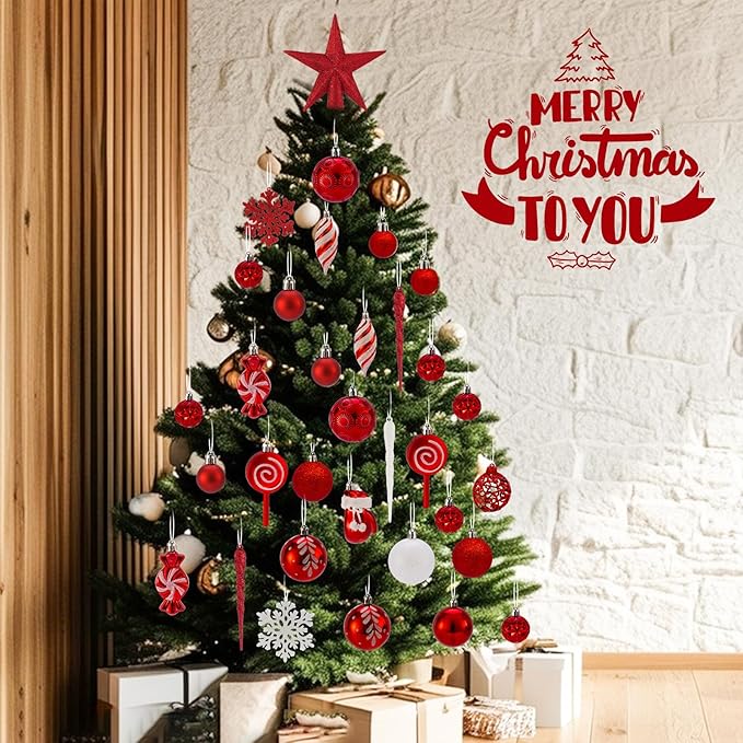 Shatterproof Christmas Ball Ornaments Set, 130 Pack Christmas Tree Decorations, Assorted Hanging Christmas Balls Bulk for Holiday Indoor Outdoor Xmas Party Decor (130 Red)