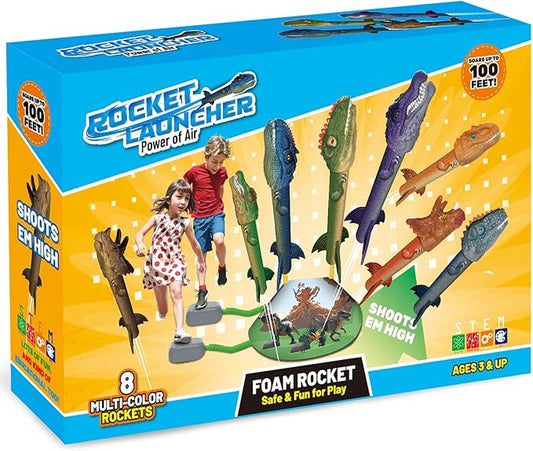 Dinosaur Toys Rocket Launcher for Kids, 8 Rockets with 2 Launcher Pads, Launch Up to 100 Ft, Outdoor Toys, Birthday Gifts for 3 4 5 6 7 8-12 Year Old Boys Girls