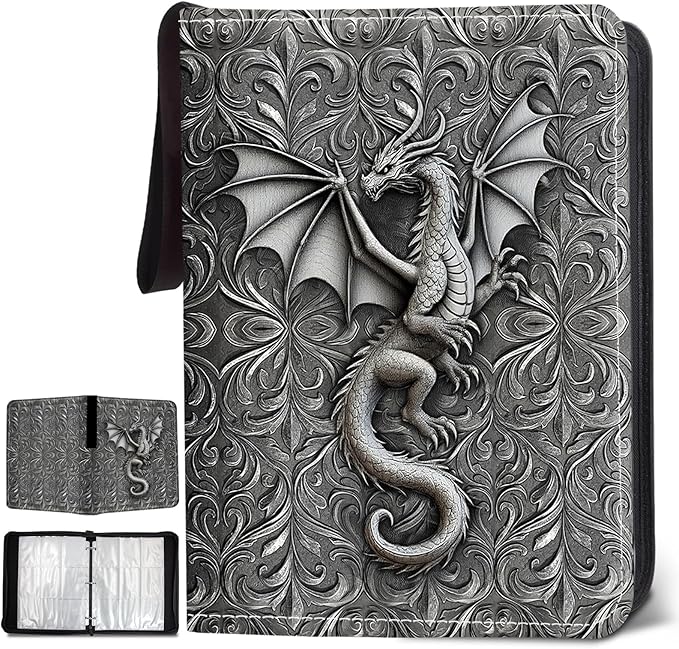 900 Pocket Card Binder, Trading Card Binder with 50 Durable 9-Pocket Pages, Non-3D Dragon Design on Pocket Card Packs, Christmas Birthday Gifts for Zipper Closure Collector's Album