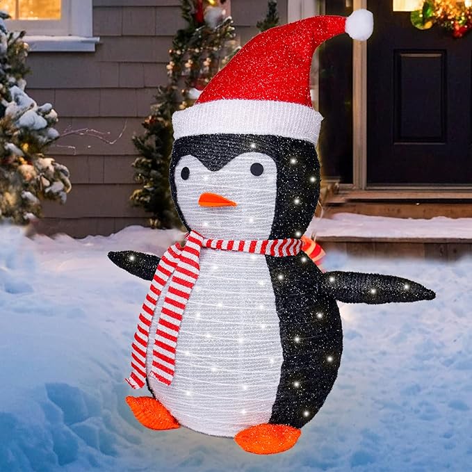 Penguin Christmas Decorations Outdoor, 28 Inch Collapsible Penguin Outside Christmas Decorations with 45 LED Lights, Light Up Xmas Yard Decorations, Lighted Porch Lawn Decor