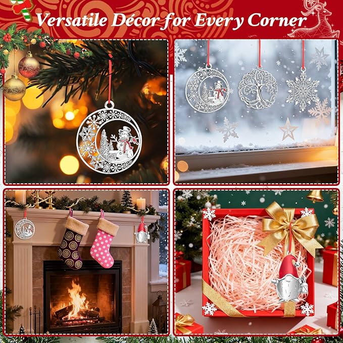 Metal Christmas Tree Ornaments 2025 - Pewter Plated Vintage Style Holiday Ornament with Hanging Cord