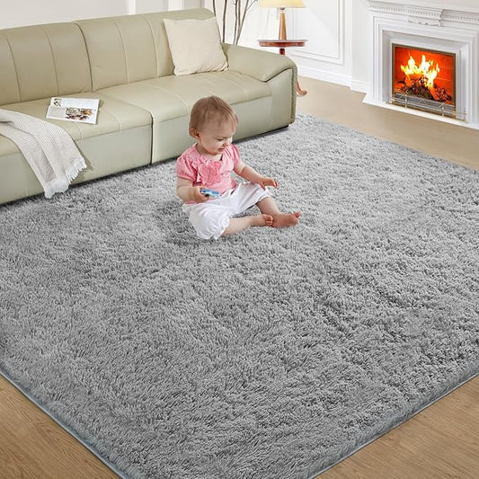 Ultra Soft Rug for Living Room, 8X10 Light Grey Fluffy Shag Area Rug for Bedroom, Modern Shaggy Carpets Fuzzy Rug for Teens Dorm Nursery Home Decor Aesthetic, Upgrade Anti-Skid Durable