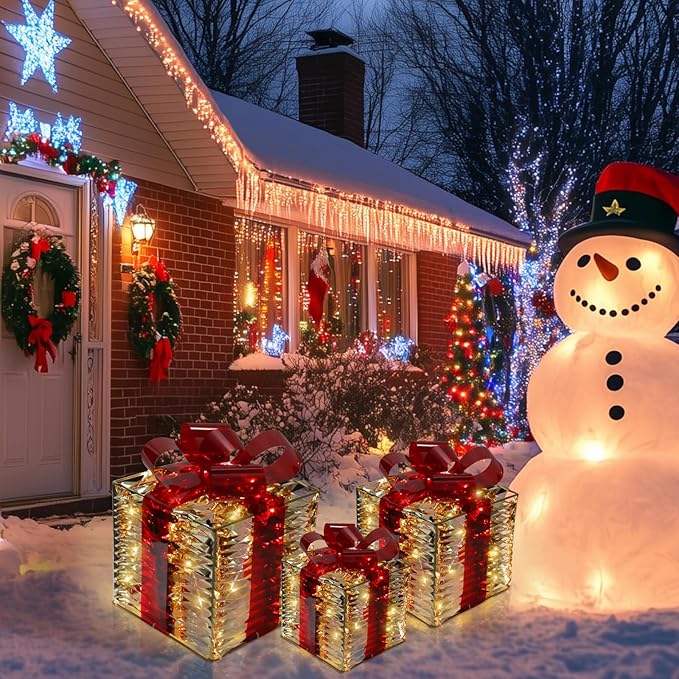 Christmas Light Gift Box Decorations, 3-Piece Set, Pre-Strung Wired Gifts with Bows, Illuminate Christmas Tree Skirt Decorations. Suitable for Indoor and Outdoor Use.（Gold）