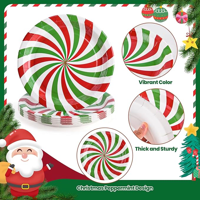 100 Pack Christmas Candy Paper Plates Peppermint Disposable Dinner Plates 9 Inch Red Green Holiday Serving Plates for Christmas Party Supplies Tableware Decoration