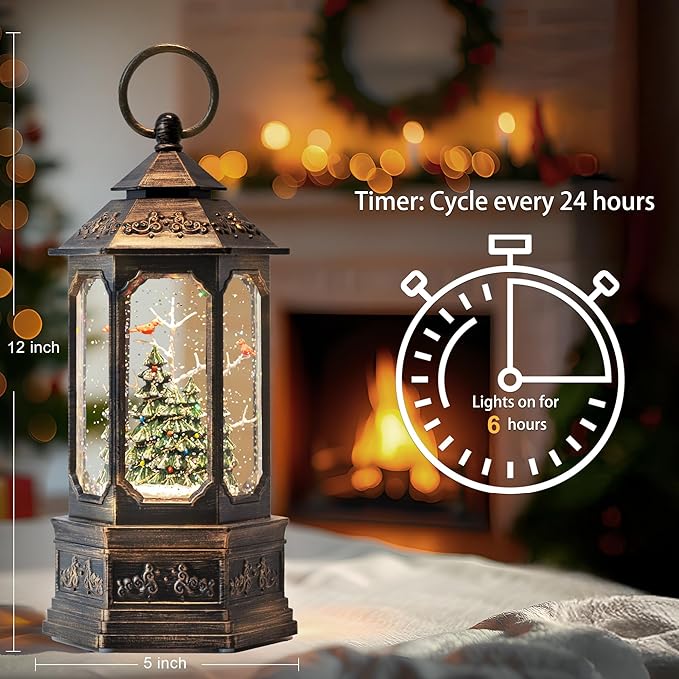 12 "Christmas Snow Globe Lantern, Glitter hex Music Box, USB and Battery-Powered Decorations (Cardinals in The Deep Woods)
