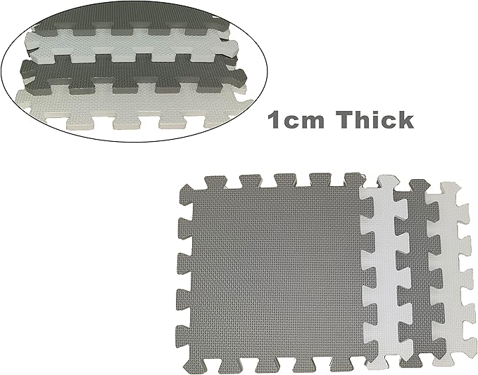 18 Pieces Foam Play Mat, Interlocking Playmat Tiles, Foam Floor Mat Tiles for Kids, Puzzle Play Mats, Exercise Gym Mats – Color of Gray & White with Border