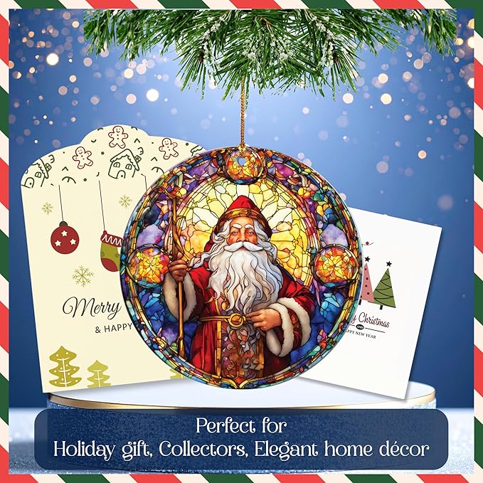 2025 Christmas Ornament – Vintage Cathedral Santa Stained Glass Acrylic Ornament, Navidad 2025 Tree Decoration, Religious Christmas Ornament for Classic Holiday Home Décor