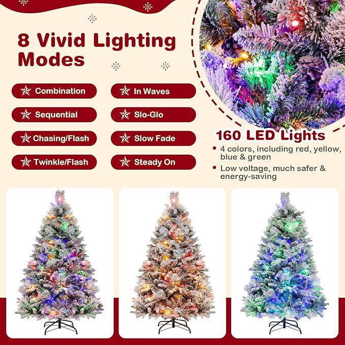 GOFLAME 4.5 FT Artificial Christmas Tree with Pine Needles, Snow Flocked Xmas Tree with 472 PE & PVC Branch Tips, 160 LED Lights & 26 Pine Cones, Hinged Decoration Tree with 8 Lighting Modes