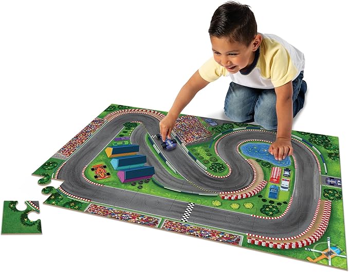 Peaceable Kingdom Puzzle & Play: Race Day - Floor Puzzle for Kids Ages 3 and Up - Includes 3 Wooden Vehicles to Zoom Around The Race Track Puzzle for a Double Dose of Fun - Measures 26” x 36”