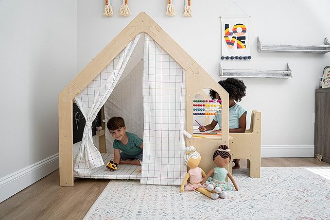 Avenlur Flair Montessori Style Wooden 5 in 1 Indoor Playhouse Play Tent with Desk Table, Chair, Chalkboard, Floor Cushion and Curtain Shades for Babies, Toddlers, Kids (Large, Windowpane)