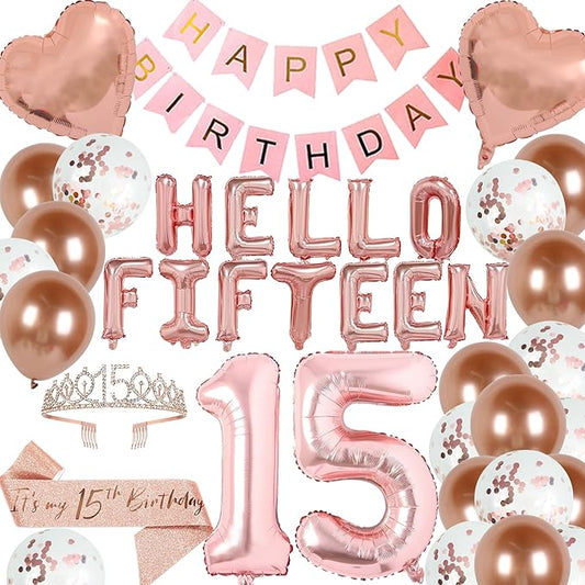 15th Birthday Decorations for Girls Rose Gold 15th Happy Birthday Tiara Sash Hello Fifteen Party Supplies Number 15 Balloons 15 Years Old Bday Party Kit for Her Girl (Rose gold)
