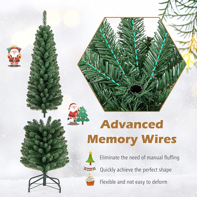 GOFLAME 5FT Pencil Christmas Tree, Slim Artificial Xmas Tree with 295 Memory Wire Branch Tips & Upgraded Metal Stand, Seasonal Holiday Decoration Tree for Home Office Party