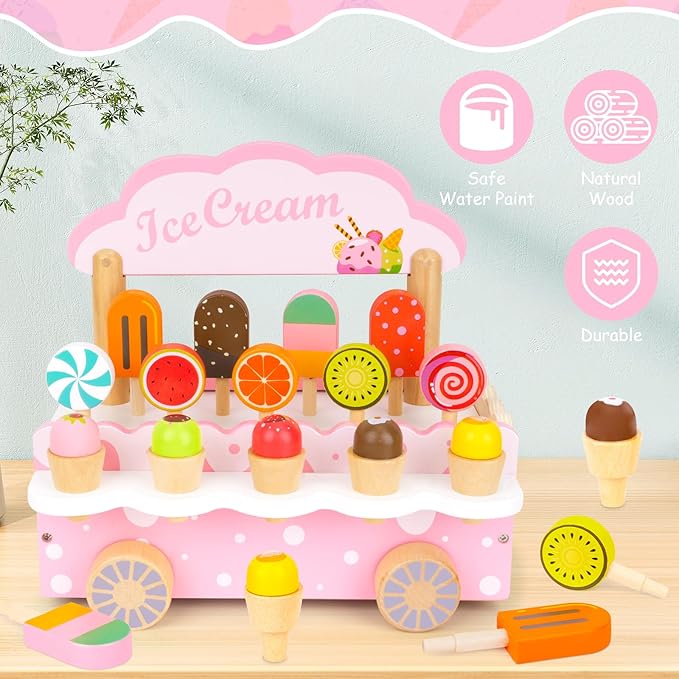Wooden Play Toys for Toddler Girls 3-5 - Ice Cream Truck Cart Pretend Toys for Kids Ages 2-4, Montessori Toys Kitchen Popsicles Play Store Birthday Gifts for Girls Boys Toddlers 3 4 5 6 Year Old